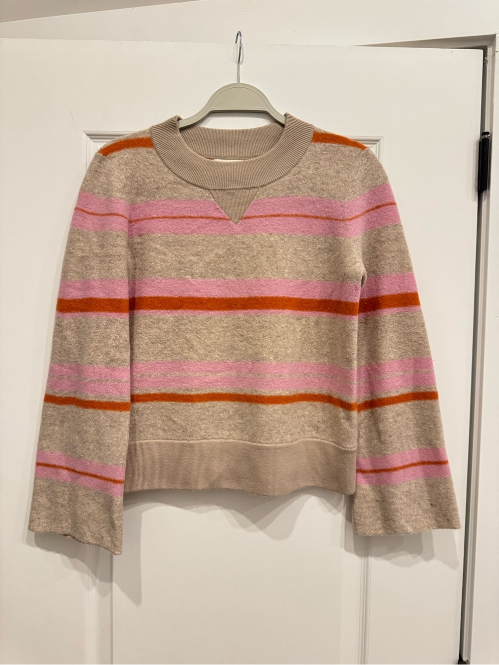 Maeve By Anthropologie- Crewneck Sweater in Beige with Pink & Orange Stripes